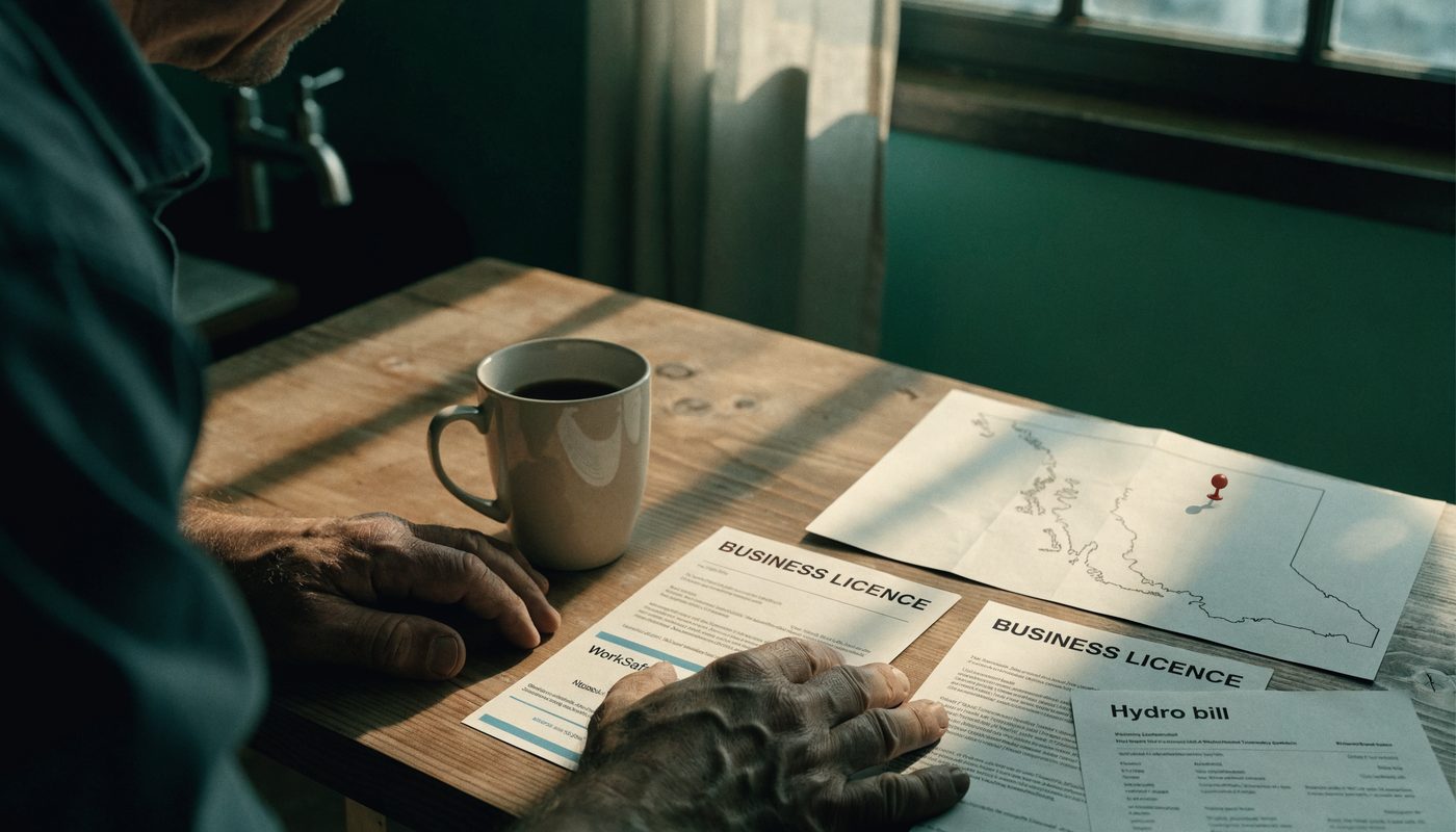 Business licences, a WorkSafe card, a hydro bill, and a map on a kitchen table.